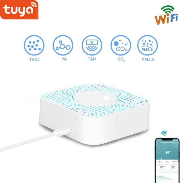 tuya-เครื่องฟอกอากาศอัจฉริยะ-wifi-6in-1เครื่องตรวจจับควัน-pm2-5มอนิเตอร์-app-แบบเรียลไทม์-ฟอร์มาลดีไฮด์-voc-co2-อุณหภูมิ-ความชื้น