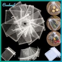 COOLEAF 25/50PCS วาดได้ ปาร์ตี้ซัพพลาย บรรจุเครื่องประดับ ถุงสีขาว กระเป๋าหูรูด ถุงของขวัญ Organza Gauze ซอง