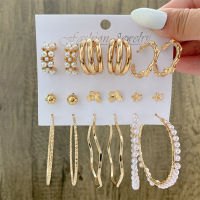 6PcsSet Fashion Big Circle Gold Color Simulation Pearl Geometric Hoop Earrings For Women Butterfly Rhinestone Earings Jewellery