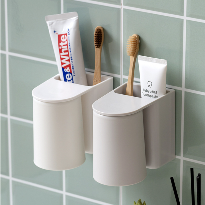 แก้วแปรงฟัน-ที่เก็บยาสีฟัน-ที่เก็บแก้วแปรงฟัน-เซ็ทแก้วแปรงฟัน-พร้อมที่เก็บแปรงสีฟันติดผนัง-ไม่เจาะ-magnetic-mouthwash-cup