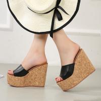 ☊☂ Platform Women Slippers Summer Shoes Outside Fitting-room 13cm High Heels Wedges Slippers Solid Leather Open Toe Female Slides