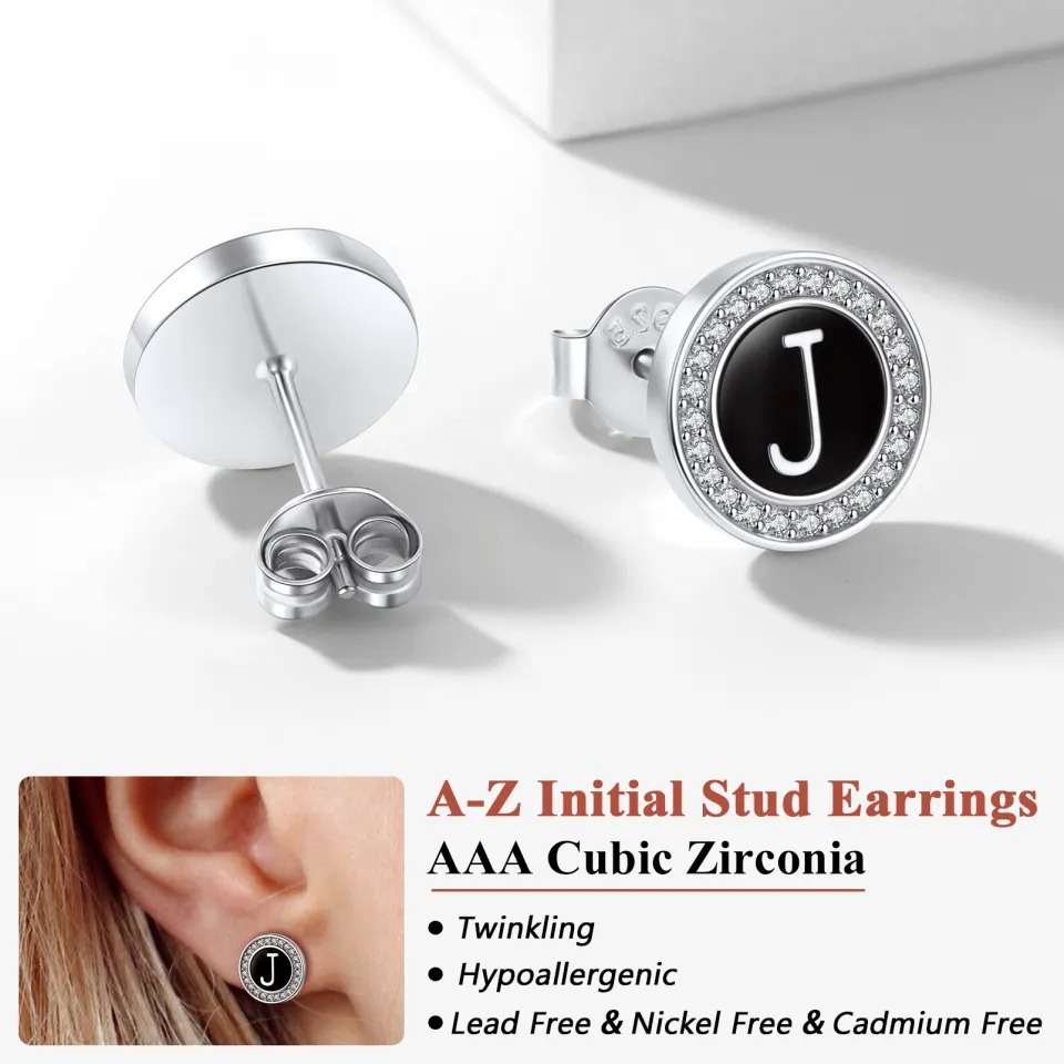 Silvora Cool 925 Sterling Silver Stud Earrings for Women Men Initial A-Z  Alphabet Zircon Ear Studs for Gifts