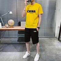 【Hot Sale】 mens short-sleeved t-shirt summer handsome casual sports suit short male two-piece set large size