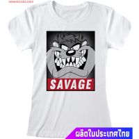 ผ้าฝ้าย 100%ลูนี่ทูนส์ ผู้หญิง Looney Tunes Womens Savage Taz White Fitted T-Shirt discount เสื้อยืดคอกลมS-3XL  YDZZ