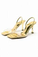 2023 European and American Summer New Gold Square Head Thin Heel High Heel Womens Sandals with Back Strap