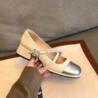 [SuDing] the new French pearl diamond square head word buckle shoes woman Mary Jane shoes coarse documentary