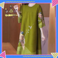 【จัดส่งที่รวดเร็ว✨】Summer Women Retro Flower Bird Printing Dress Ethnic Style Large Size Loose A-line Skirt Half Sleeves Round Neck Dress