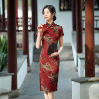 แผนจีนคอจีนพิมพ์ซาตินแขนสั้น Cheongsam สง่างามเข่ายาว Qipao ขนาด M-4XL