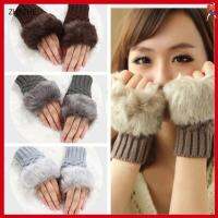 ZHEZHE Fashion Knitted Sheep Wool Wrist Gloves Faux Rabbit Fur Exposed Finger Couples Fingerless Mittens