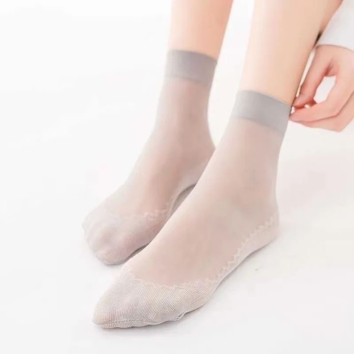 ถุงเท้าผ้าไหมกำมะหยี่ถุงเท้าเนื้อนุ่มสำหรับผู้หญิง-ถุงเท้าแบบระบายอากาศบางเฉียบโปร่งใสพื้นประกบกันลื่นด้านล่างสำหรับฤดูร้อน5คู่