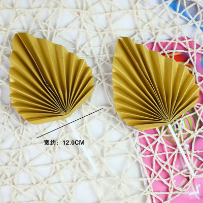 2pcs Paper Fan Cake Topper Gold Palm Leaf Birthday Party Decoration Cake Insert