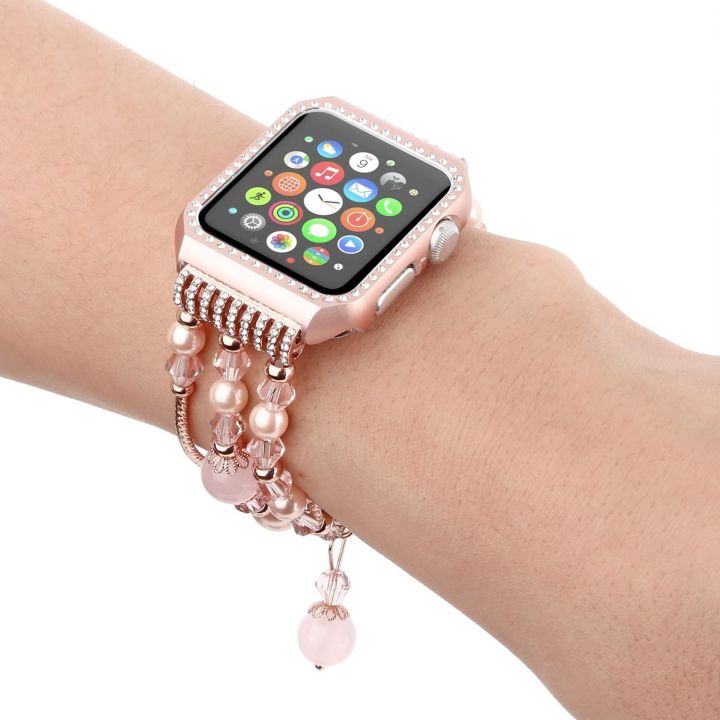 glitter-bling-ฝาครอบโลหะกรณี-shiny-agate-pearl-สายนาฬิกาสำหรับ-apple-watch-series-3-2-1-iwatch-band-สร้อยข้อมือแบบยืด-42-มม-38-มม