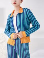 2023 Hot Miyake style pleated casual suit for women autumn new fashion striped cardigan short coat slim straight pants two-piece set