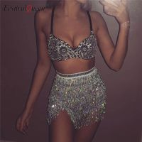 Sparkle Sequins เซ็กซี่2ชิ้นชุด Backless Push Up พู่มินิกระโปรงผู้หญิง Night Club Party ชุดจับคู่ Fashion