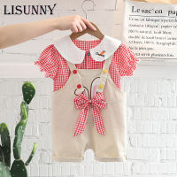 Baby Girls Clothing Set 2022 Summer Infant Short Sleeve Plaid Doll Collar Shirt Overalls Shorts Bow Kid Tracksuit Child Outfits