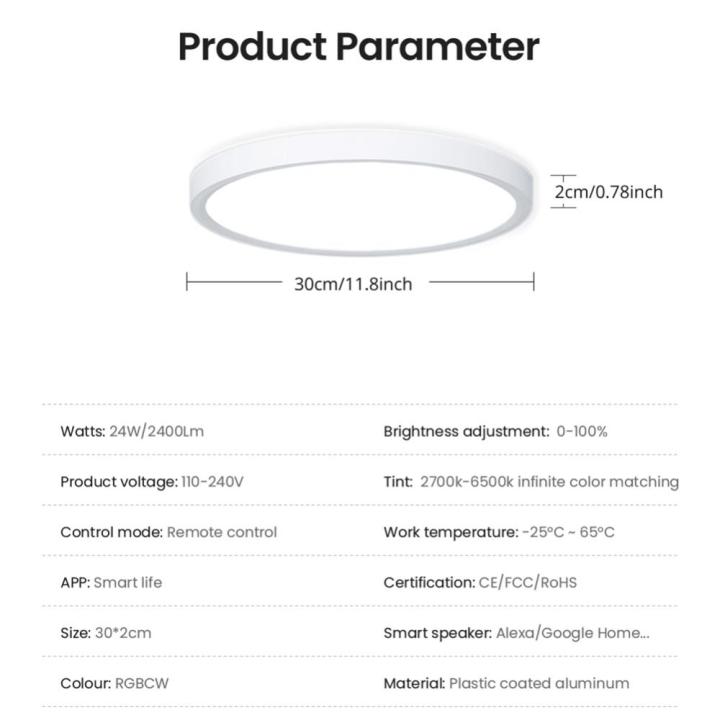 โคมไฟติดเพดานอัจฉริยะ24w-rgb-ไฟประดับบ้านแอปรีโมทคอนโทรลโคมไฟติดเพดานที่ทันสมัย2400lm-ช่วยด้วยเสียง-wifi-สำหรับห้องนั่งเล่นห้องนอน