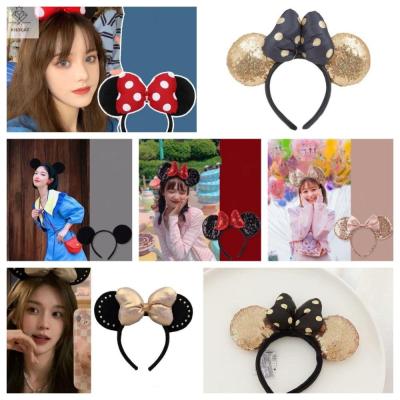 KISSCAT ชุดปักเลื่อม หมวกลาย Minnie Mouse เจ้าหญิงสำหรับเด็ก การ์ตูนลายการ์ตูน ที่คาดผมหูมิกกี้ น่ารักมากๆ ห่วงรัดผม สำหรับผู้หญิง