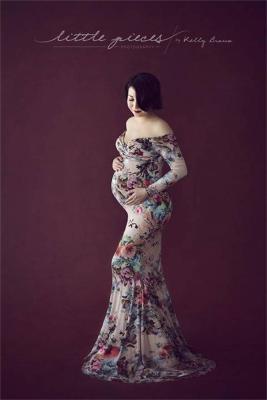 【cw】2019 European and American Womens Clothing Printed Maternity Long Sleeve Trailing Long Dress Photography Dress 8950