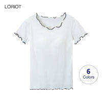 LORIOT เสื้อชั้นในเสื้อยืดสำหรับผู้หญิงซี่โครง Ruffled วิดพื้นยืดได้เสื้อแขนสั้นเซ็กซี่ลำลองเกาหลี SA0694