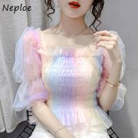 Neploe Sweet Rainbow Mesh Women Shirts Blouses Puff Sleeve Woman Tops Fashion Ladies Crop Top Spring Summer New Blusas De Mujer