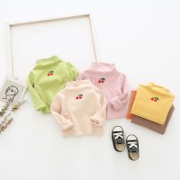 [COD] 202 childrens autumn new product embroidered cherry bottoming Half-high collar male and female baby T-shirt inner top