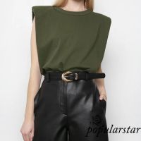 COD DSFERTRETRE ღstar✯Women Padded Shoulder T-shirts Sleeveless Solid Color Round Neck Top Casual Style Pullover