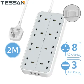 Tower Socket Extension Lead 5M 8Way Cable Surge Protected Power with 4 USB  Port