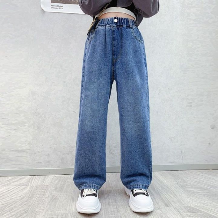 gofatoo-กางเกงยีนเด็กญ-กางเกงยีนส์เด็กผู้หญิงกางเกงขากว้างเด็กโตลำลองทรงกระบอกหลวมกางเกงขายาว