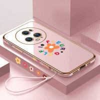 เคสเคสสำหรับ Honor พร้อม Magic5โปร (ฟรีสายคล้อง) ลายการ์ตูนดอกไม้ขอบสี่เหลี่ยมเคสโทรศัพท์ชุบหรูหราชุบเคลือบเคสโทรศัพท์นิ่ม