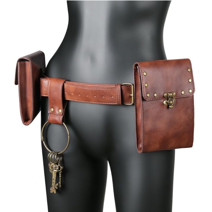 สร้างสรรค์วินเทจเข็มขัดหนังกระเป๋าสตางค์ผู้ชายเอวแพ็ค-steampunk-คู่กระเป๋ากระเป๋า