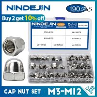 NINDEJIN 190Pcs Acorn Nut M3 M4 M5 M6 M8 M10 M12สแตนเลสสตีลหกเหลี่ยมหมวกทรงโดม Nut น๊อตแบบตันชุด