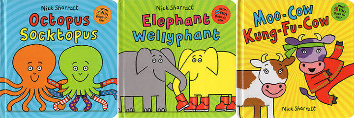 english-original-elephant-wellyphant-moo-cow-kung-fu-cow-cardboard-book-3-nick-sharratt-learning-while-playing-childrens-enlightenment-cognitive-english-word-learning