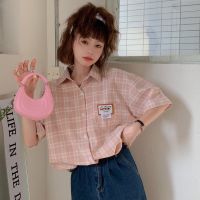 COD DDDGRYTRY 【Miss Sumey】 Women Korean Retro Trend POLO Collar Plaid Short Sleeve Top Oversized Shirt