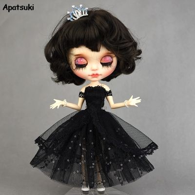 ชุดเจ้าหญิงสีดำสำหรับตุ๊กตา Blythe ชุดเดรสปาร์ตี้เย็นปีใหม่สำหรับตุ๊กตาบลายธ์ BJD ตุ๊กตาปิดไหล่ชุดเสื้อผ้าเครื่องประดับ