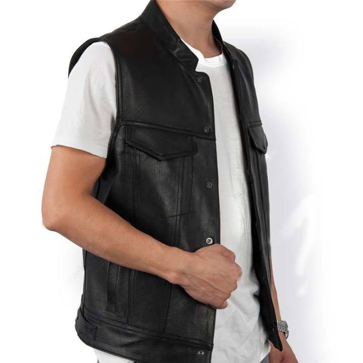 hnf531-ผู้ชายเสื้อกั๊กสีดำ-biker-vest-เสื้อกั๊กหนัง-รถจักรยานยนต์ฮิปฮอปเสื้อกั๊กชาย-หนังพังก์แข็งสีดำแขนกุดเสื้อกั๊กหนังผู้ชายเสื้อกั๊กขนาดบวก