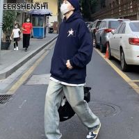 EERSHENSHI เสื้อกันหนาวแบบหลวมสไตล์อเมริกันไฮสตรีทเสื้อผ้าวินเทจแบบเสื้อกันหนาวมีฮู้ดสวมหัว