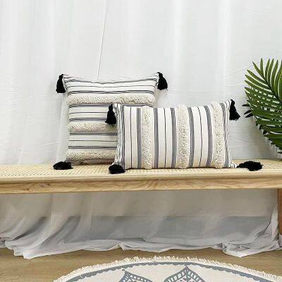 White Black Line Tufted Cushion Cover Nordic Home Decor Tassels Pillow Cover 45x45 Tufted Geometric Pillow Case Sofa