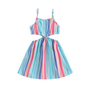 Kisseangel Girls Summer Dress, Patchwork Stripe Pattern Sleeveless Skirt