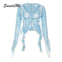 Sweeticme ใหม่ เสื้อยืดลําลอง แขนยาว คอวี ผ้าตาข่าย สีพื้น แฟชั่นสําหรับสตรี 2023 QC7311624