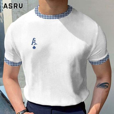 ASRV เสื้อยืดผู้ชาย เสื้อผ้าผู้ชาย t shirt for men เสื้อยืดชายเสื้อเข้ารูปพอดีแจ็คการ์ดแขนแขนสั้นคอกลมตัวอักษรเสื้อยืดถัก