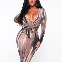 Womens v-neck low-cut sexy belt tight package hip of the dress long sleeve stripe dress wholesale