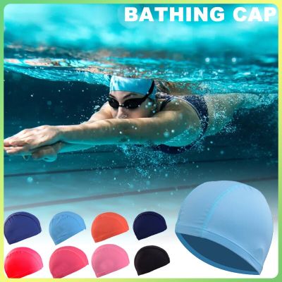 ไนลอนฟรีไซส์กันน้ำยืดหยุ่นหมวกว่ายน้ำปกป้องหูผมยาวกีฬาว่ายน้ำบางเฉียบหมวกอาบน้ำสระกลางแจ้ง