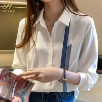 H Han Queen New Blouse Women Spring Autumn Single Breasted Turn-down Collar Shirts Office Work Blouse Chiffon Vintage Loose Tops