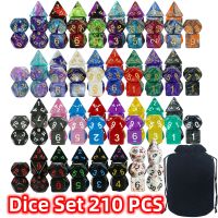 210pcs polyhedral ลูกเต๋าที่เกี่ยวข้องกับถุงกำมะหยี่ - 30 ชุด D4 D6 D8 D% D10 D12 D20 ลูกเต๋าสำหรับเกม DND RPG เกมกระดานลูกเต๋า