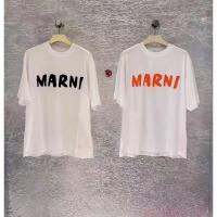 23ss Spring and Summer Marniˉ New Cursive Script Letter Logo Short Sleeve T-shirt Same Earrings for Couple