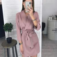 【Ladies shop】 WomenSashes A Line PartyDress Long Sleeve Notched Collar SolidElegant2020 WinterDress