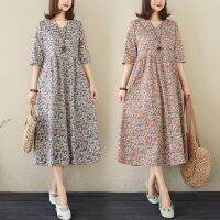 COD DSTGRTYTRUYUY [Spot] 2021Summer cotton silk five-point sleeve dress loose stitching floral V-neck womens mid-length A-line skirt