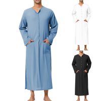 วินเทจหลวมมุสลิม Caftan เสื้อคลุมผู้ชายแขนยาวแฟชั่น Jubba Thobe ผู้ชายที่เดินทางมาพักผ่อนสีทึบแบบอิสลามเสื้อผ้า