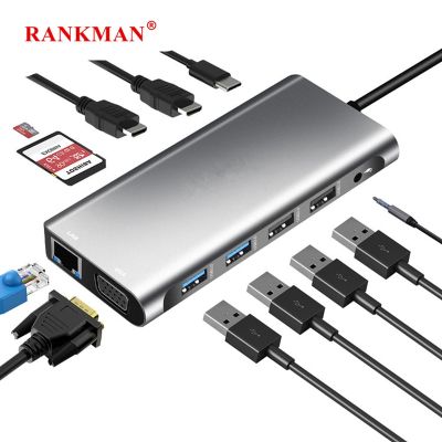 USB Rankman ฮับ C ไปยังกิกะบิต RJ45 HDTV 4K VGA USB USB 3.0การ์ดความจำเครื่องอ่านการ์ด Type C ท่าเรือสำหรับ MacBook iPad Samsung S22 Dex สวิตช์ทีวี Feona