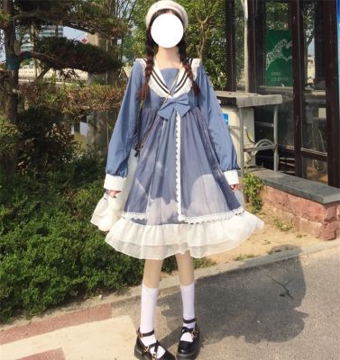 Japanese Lolita Style Harajuku Gothic Bandage Sweet Sailor Collar Bow Girl Cosplay Flare Sleeve Lace Dress Kawaii Ruffles Dress